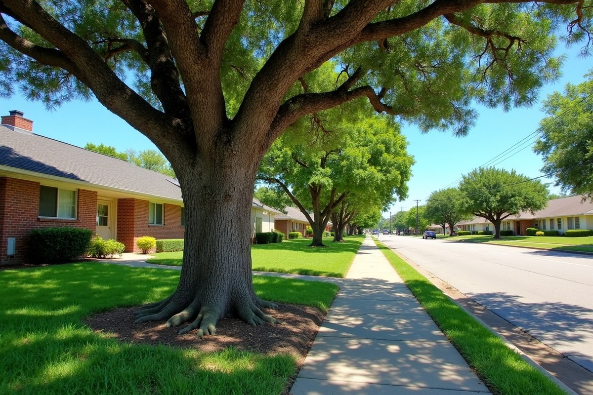 Tall oak in the right of way strip between a sidewalk and the street outside a Houston home