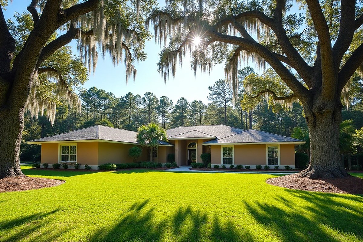 Home on a wooded lot with pines and oaks